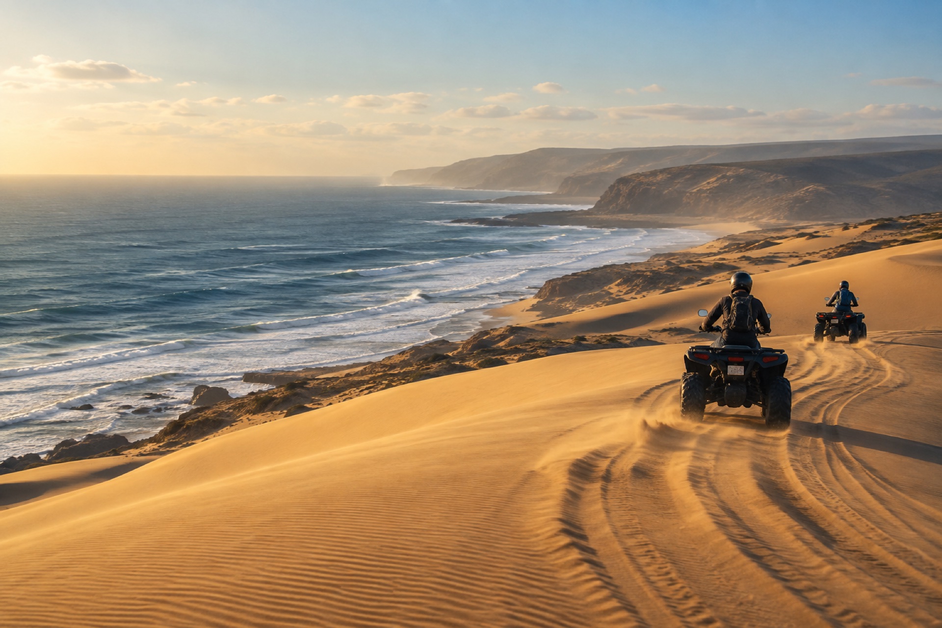 Quad bikes crossing Timlaline coastal dunes above the Atlantic
